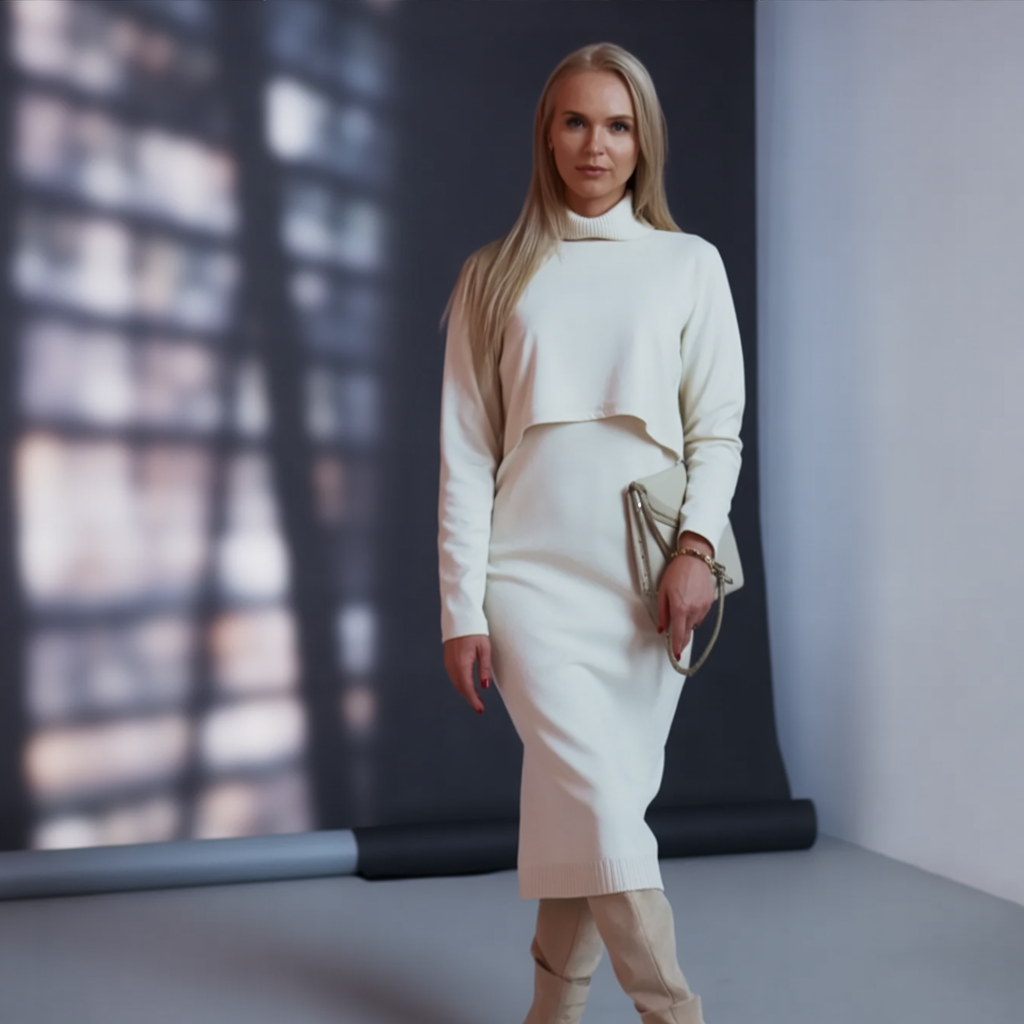 DILIA -  Sett med elegante strikkeplagg, Kjole for kvinner